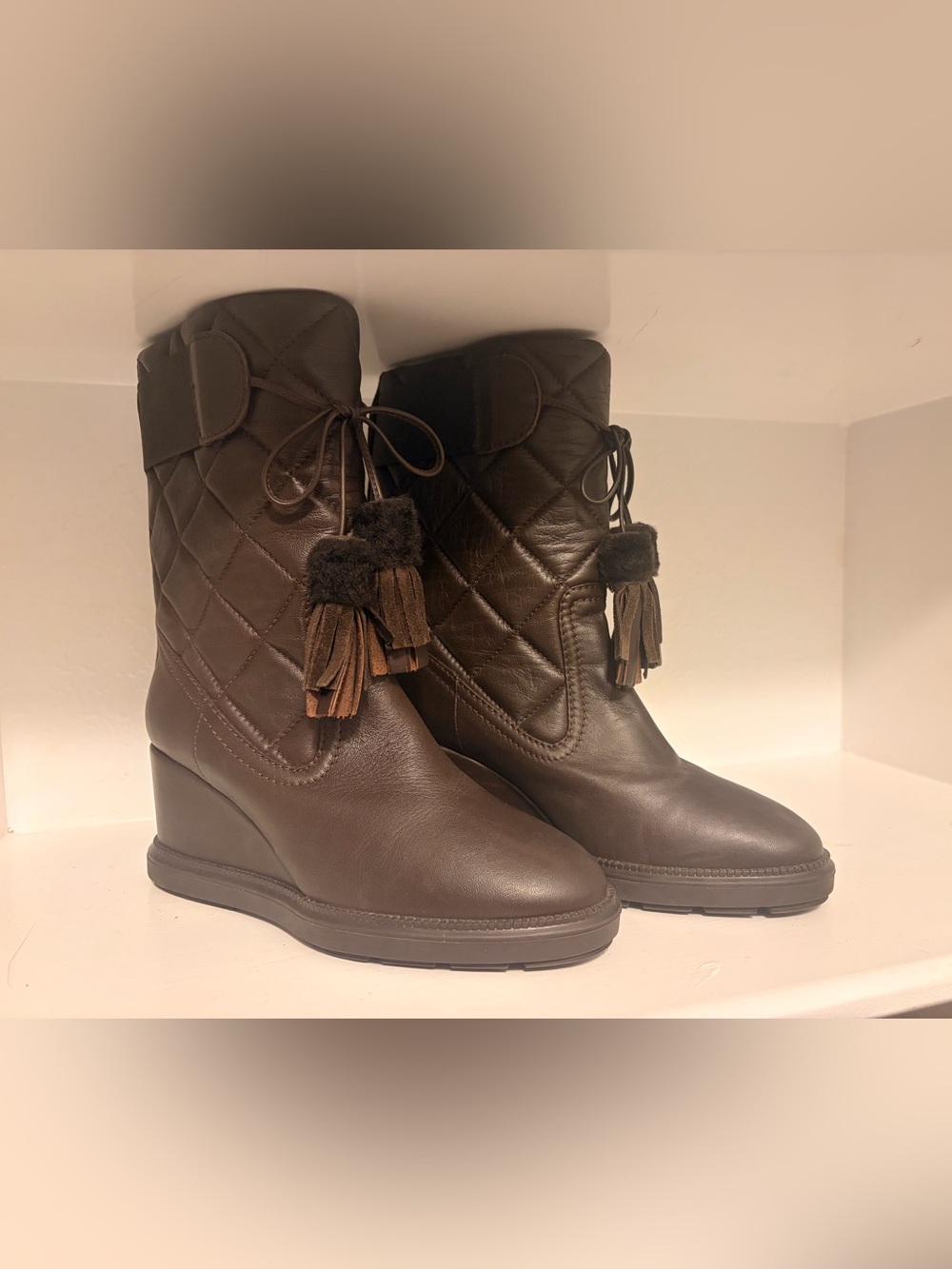 Aquatalia Quilted Brown Leather Wedge Ankle Boots with Tassels